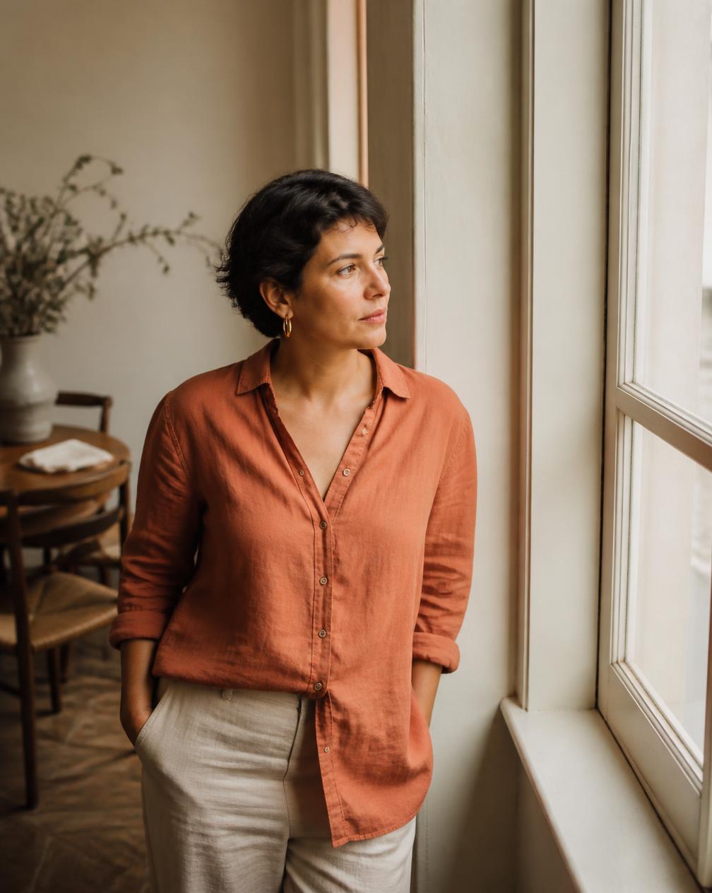 Marina Costa junto a uma janela, em um ambiente de luz natural